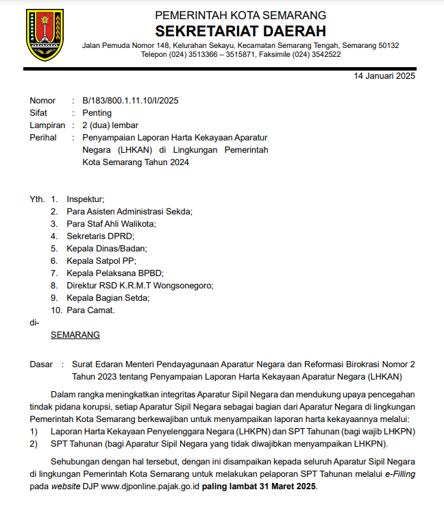 Penyampaian Laporan Harta Kekayaan Aparatur Negara (LHKAN) di Lingkungan Pemerintah Kota Semarang Tahun 2024